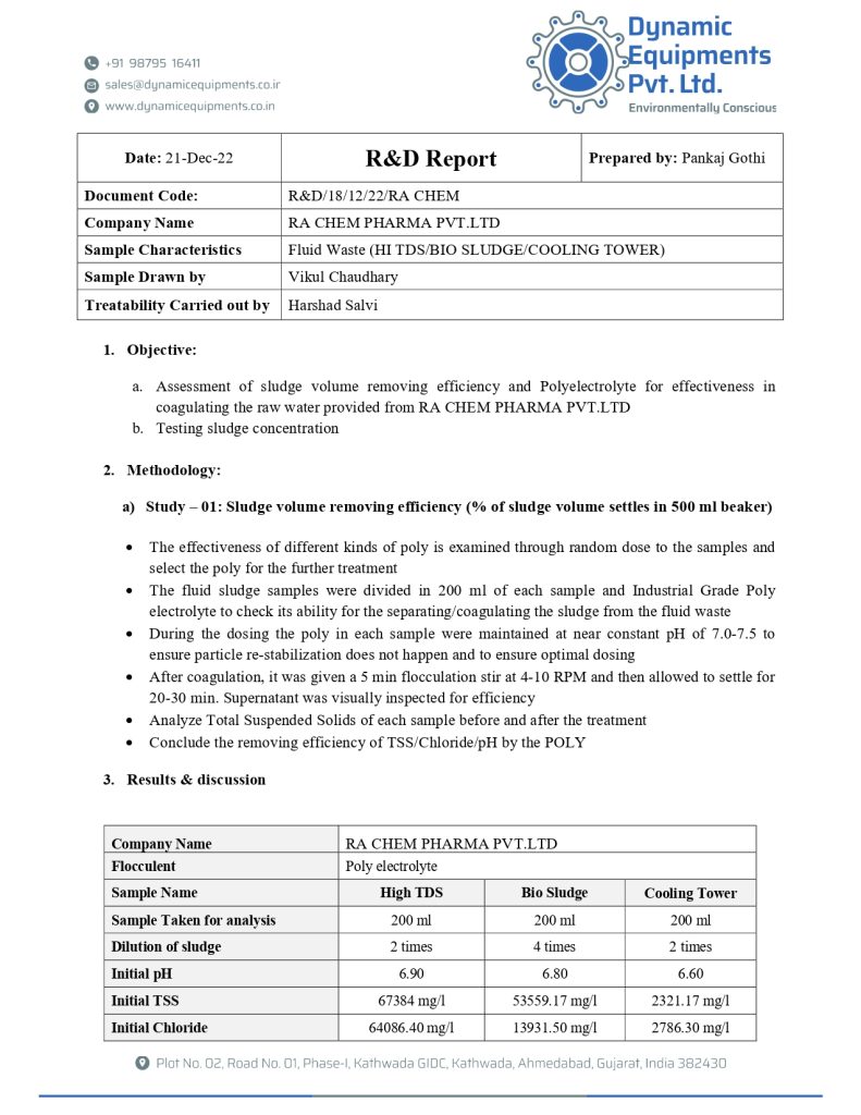 Sludge Report Tracking Examples Sludge treatability advisory - Dynamic Equipments Pvt. Ltd.