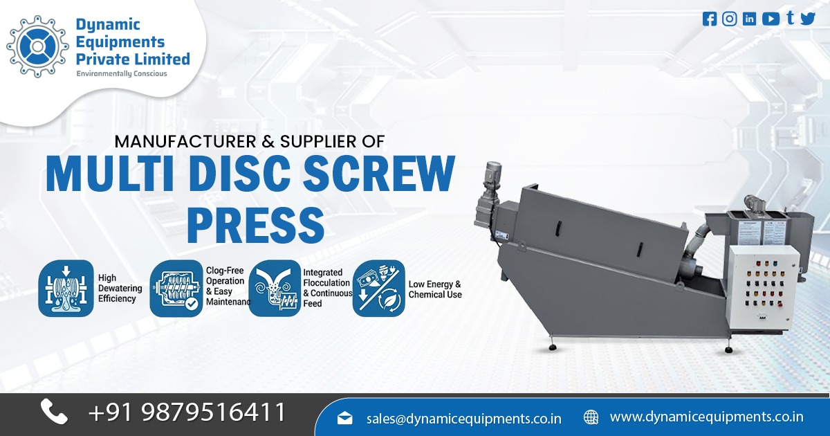Multi Disc Screw Press Machine used in wastewater treatment plant for sludge dewatering and solid-liquid separation process.